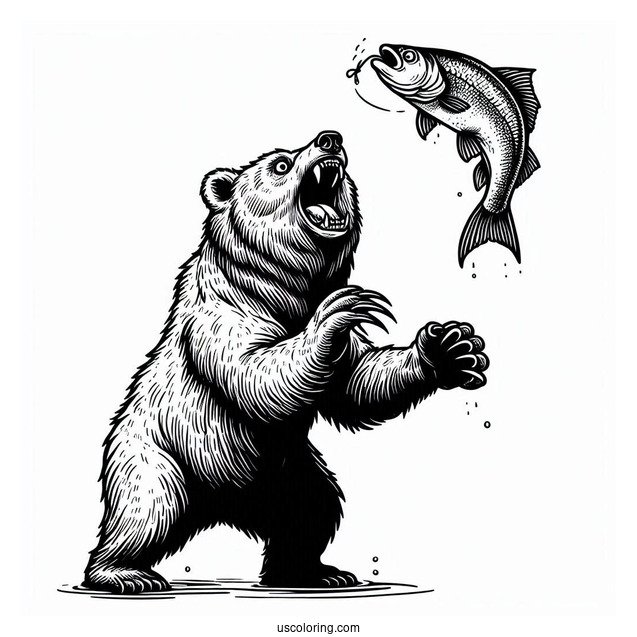 Scary Bear Coloring Page Catching Fish In The Air
