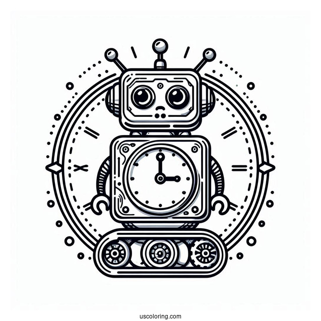 Coloring Page Of a Robot Themed Clock
