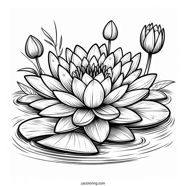 Flower Coloring Pages Of Large Water Lily On Pond