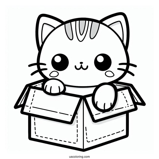 Kawaii Cat In Box Coloring In