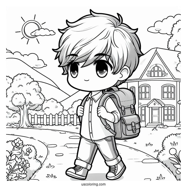 Chibi Coloring Page Schoolboy with Backpack Walking Outdoors