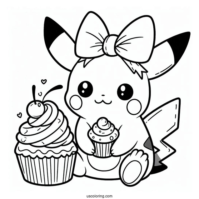 Raichu Coloring Page With Bow And Cupcake For Preschoolers