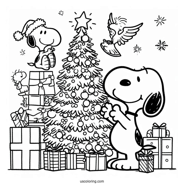 Snoopy And Woodstock Decorating Christmas Tree To Color