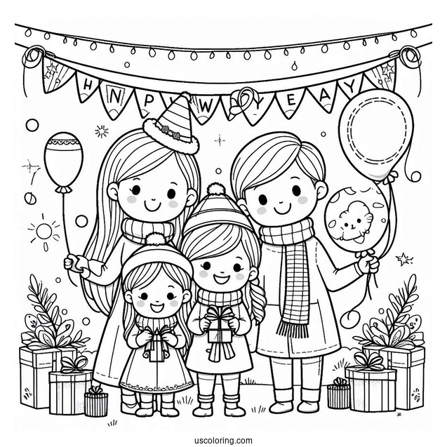 Family Celebrating The New Year Coloring Page With Banners And Balloons For Kids