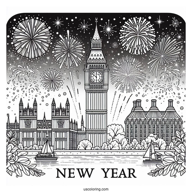 Classy New Year Coloring Page Of Celebration In London With Fireworks Behind The Big Ben