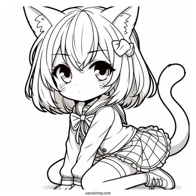 Serious Chibi Girl With Cat Ears And Tail Coloring Sheet