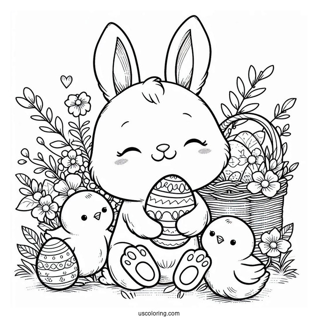 Easter Coloring Page Of Bunny Holding Chicks