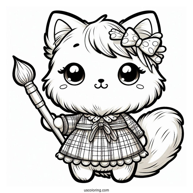 Cute Coloring Page Furry Cat Holding A Paintbrush And Wearing A Plaid Dress