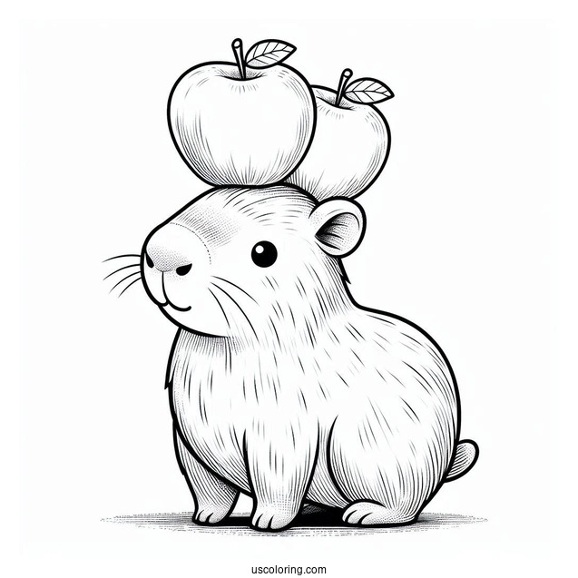 Baby Capybara Coloring Page Balancing Three Apples On Its Head For Kids