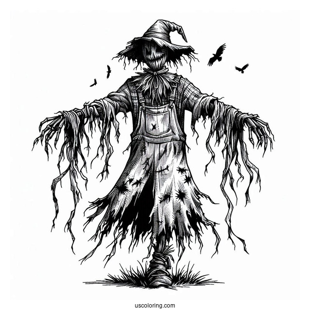 Terrifying Scarecrow Coloring Page With Tattered Clothes