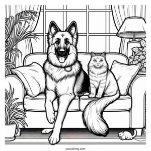German Shepherd And Cat Sitting On Couch