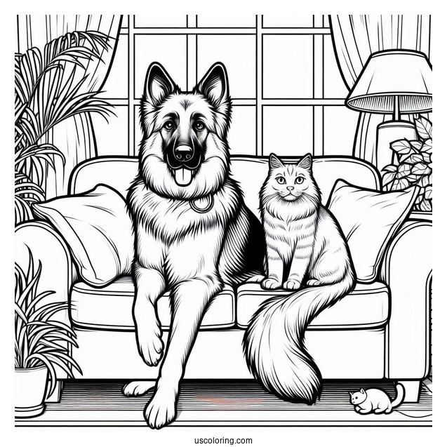 German Shepherd And Cat Sitting On Couch