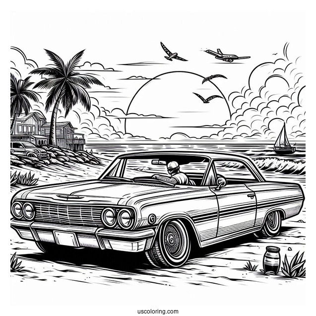 Lowrider Coloring Page Of 1964 Chevy Impala Hopping At The Beach