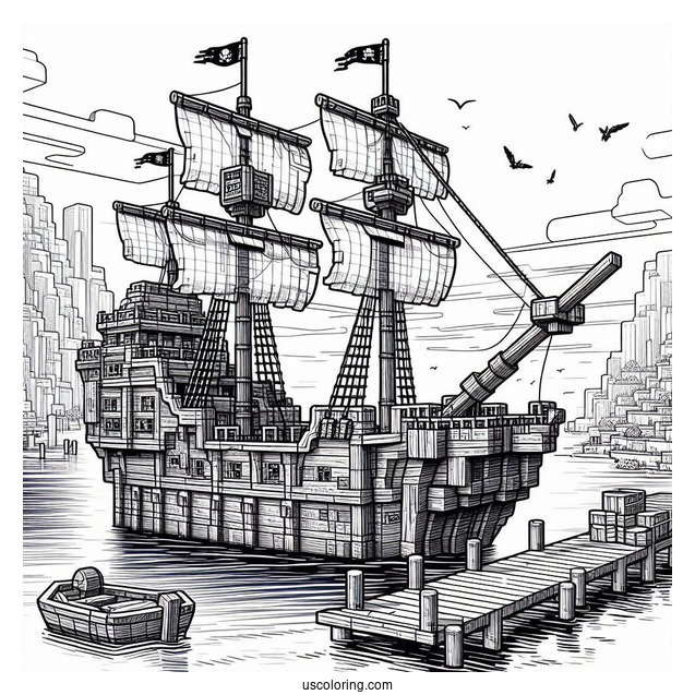 Minecraft Pirate Ship Coloring Page Docked At The Port