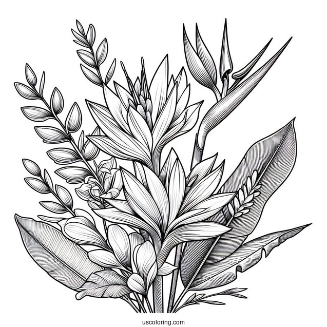 Flower Coloring Pages Of Exotic Tropical Orchid, Strelitzia, Hibiscus, Protea, And Calathea