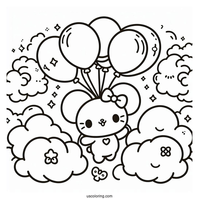 Sanrio Coloring Pages Of Cinnamoroll Holding Balloons In The Clouds