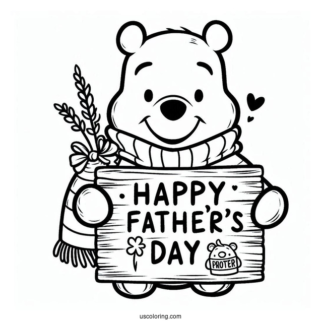 Smiling Winnie The Pooh With A Happy Father's Day Sign Coloring Page For Kids