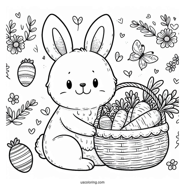 Lovely Easter Coloring Page Of Bunny With A Basket Of Carrots