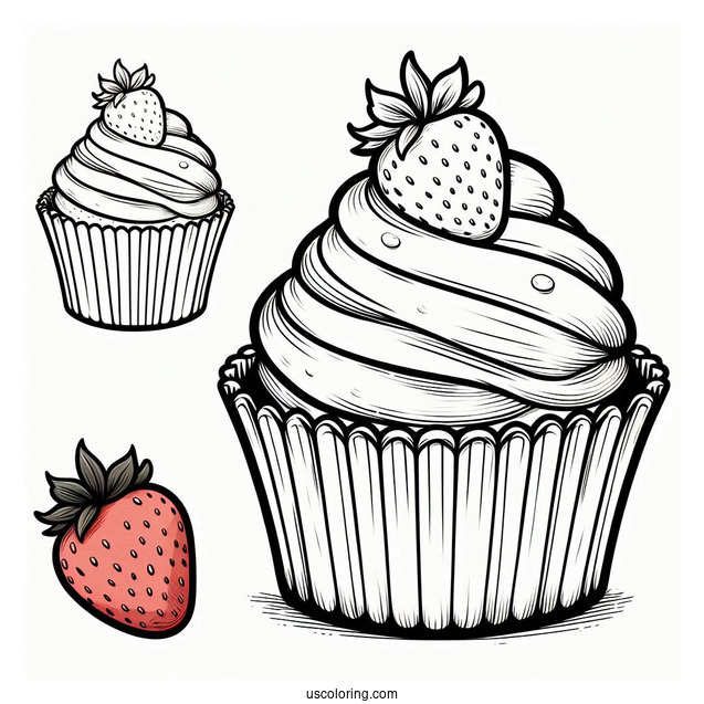Simple Cupcake With Icing And Strawberry To Color