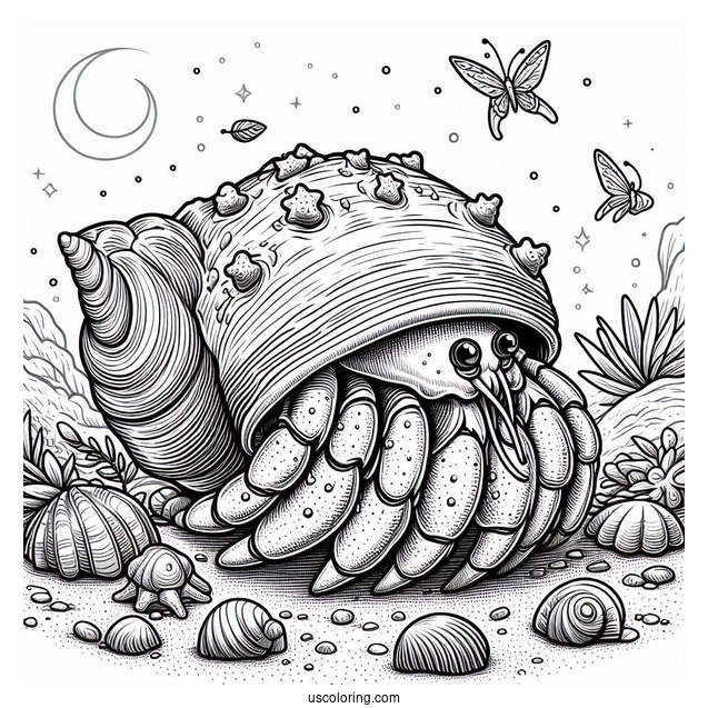 Realistic Hermit Crab Coloring Page On The Beach