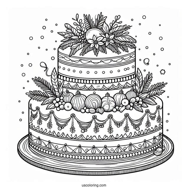 Detailed Christmas Tiered Cake Coloring Page