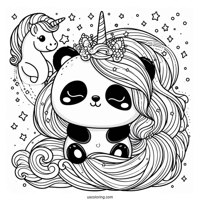 Magical Panda Coloring Page Unicorn with Fluffy Mane