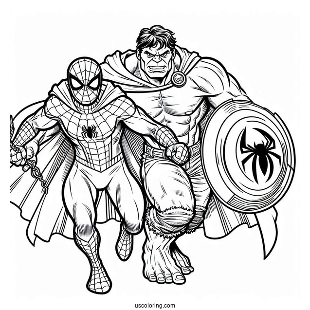 Spider Man Fighting Alongside Hulk Coloring Page For Kids