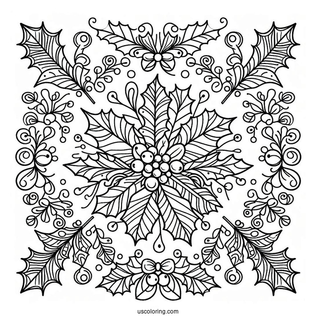 Hollies And Mistletoes Christmas Mandala Coloring Page