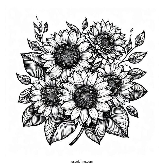 Bunch Of Detailed Sunflowers For Coloring