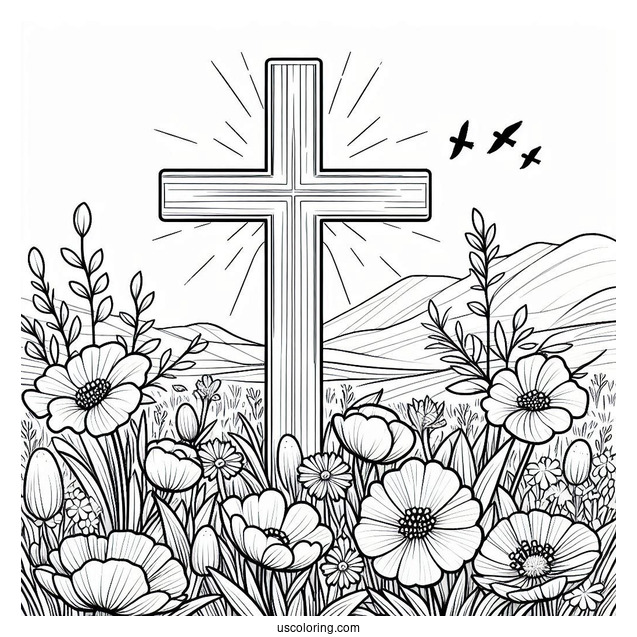 Easter Coloring Page Of Easter Cross With Flowers In A Field