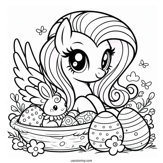 Coloring Sheet of Fluttershy With Easter Eggs and Bunny