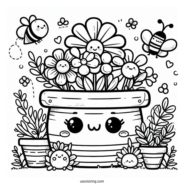 Spring Coloring Page Kawaii Flower Pot With Bee And Butterfly For Kids