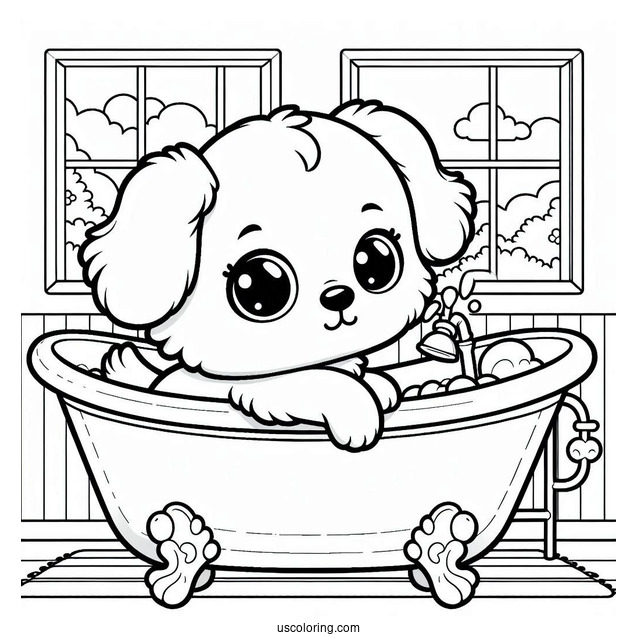 Puppy Sitting In A Bathtub By The Window Coloring Sheet