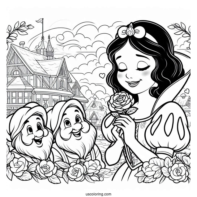 Snow White, The Prince, And Seven Dwarfs To Color