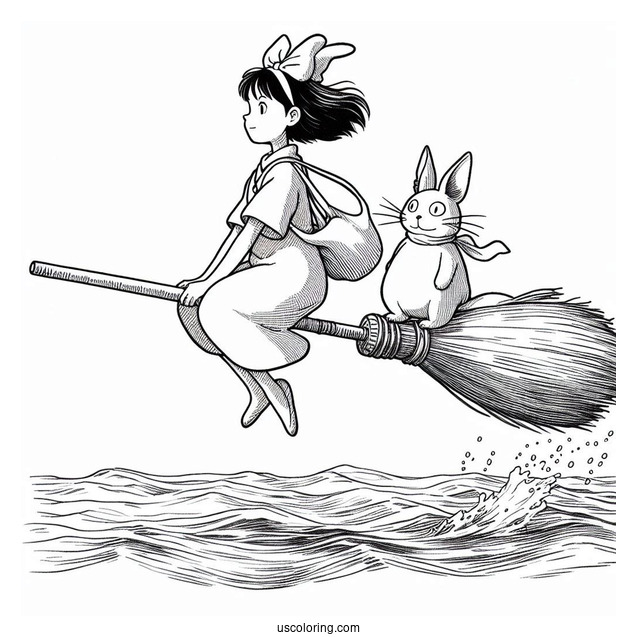 Studio Ghibli Coloring Page of Kiki s Delivery Service Riding Broom With Jiji Over Ocean