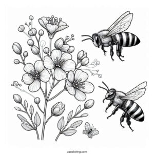 Realistic Bee Coloring Page Hovering Over Flowers