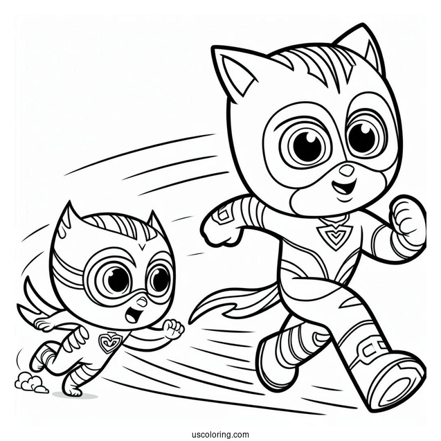PJ Masks Coloring Page Of Owlette, Catboy, And Gekko Running Fast