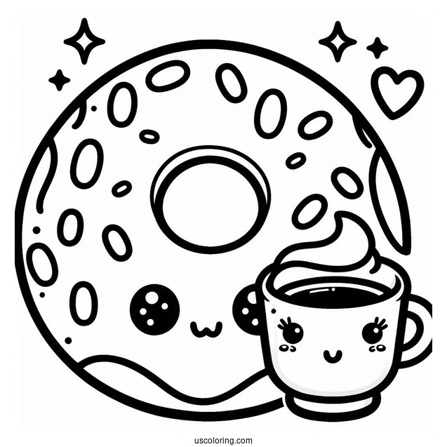 Cute Kawaii Donut And Coffee Coloring Page