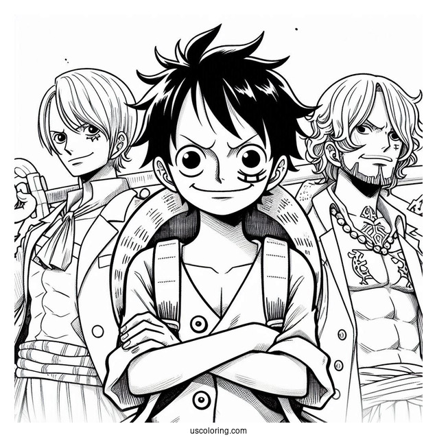 One Piece Coloring Page Of Luffy, Zoro, Sanji, Usopp, And Nami For Kids