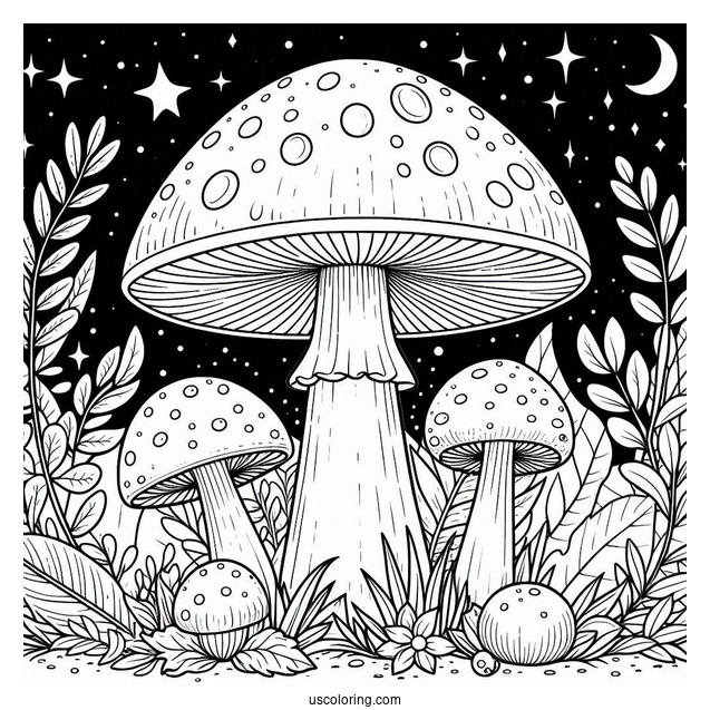 Large Mushroom Coloring Page With Other Plants Under The Night Sky