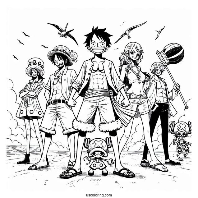 One Piece Coloring Page Of Luffy, Nico, Sanji, Zoro, Nami, Chopper, And Usopp