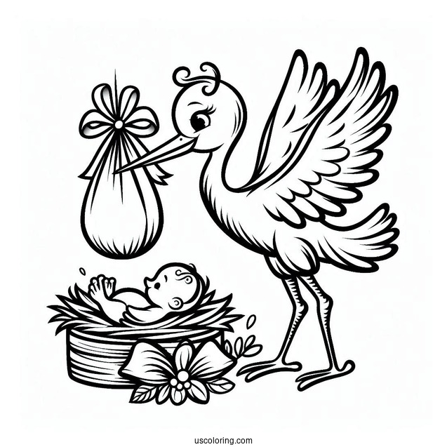 Stork Delivering A Baby Coloring Page