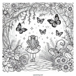 Large Butterflies In A Secret Garden With Little Girl