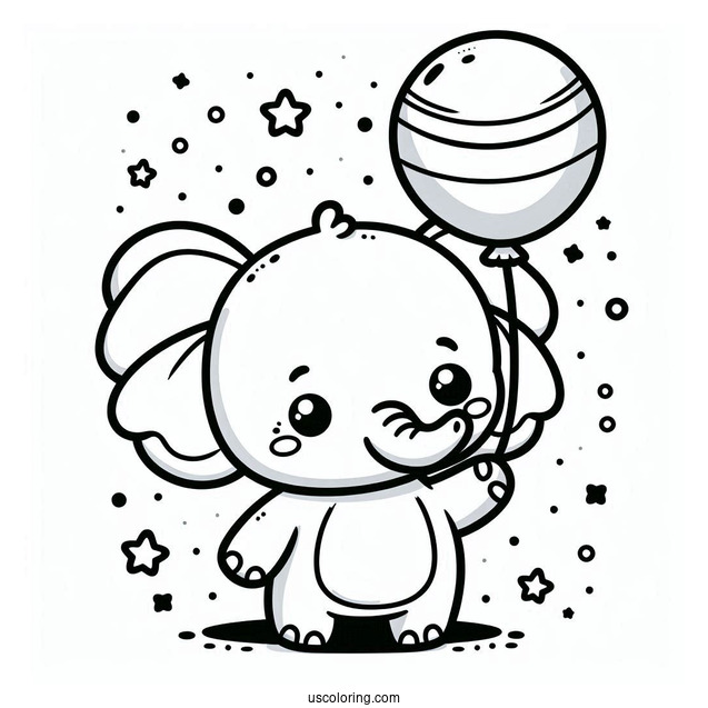 Kawaii Elephant Holding Balloon Coloring For Preschoolers