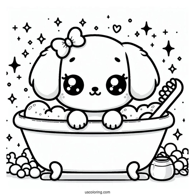 Kawaii Puppy In A Bathtub Coloring Sheet