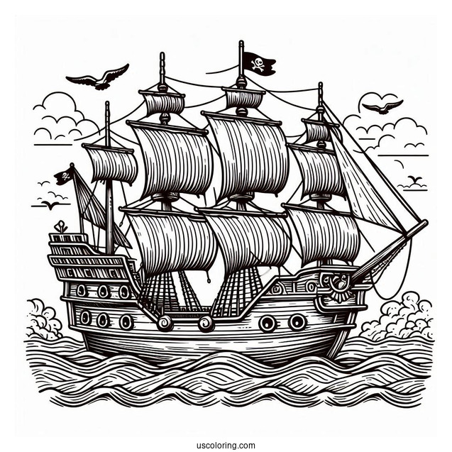 Large Pirate Coloring Page Ship At Sea