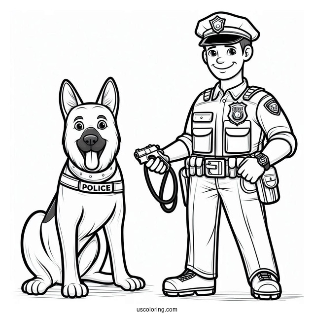 Coloring Sheet Of Police Officer With K-9 Dog