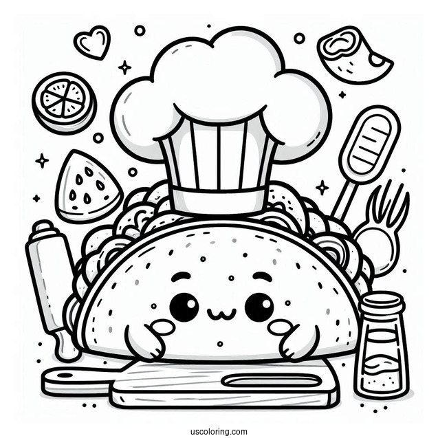 Taco Wearing a Chef s Hat Coloring Page