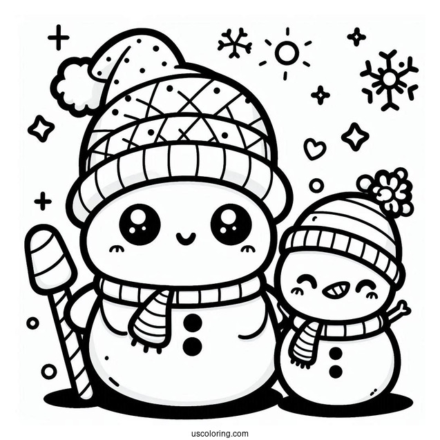 Kawaii Themed Cute Snowman To Color