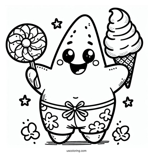 Cute Patrick Star Coloring Page Holding Fan And Ice Cream